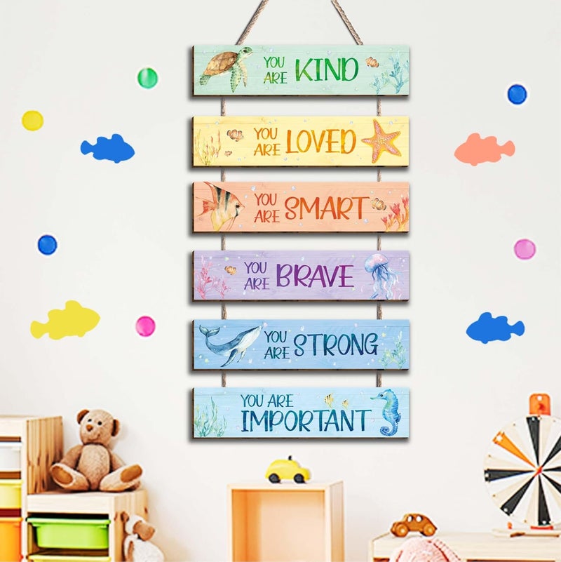 HIWERAN 6 Pieces Ocean Decor Kids Room Decor, Watercolor Ocean Inspirational Wall Art Decor for Teens Children Bedroom Princess Toddler Room, Works of art Made of Wood, Works of Art of Wood, Placards of Woods - Image 3